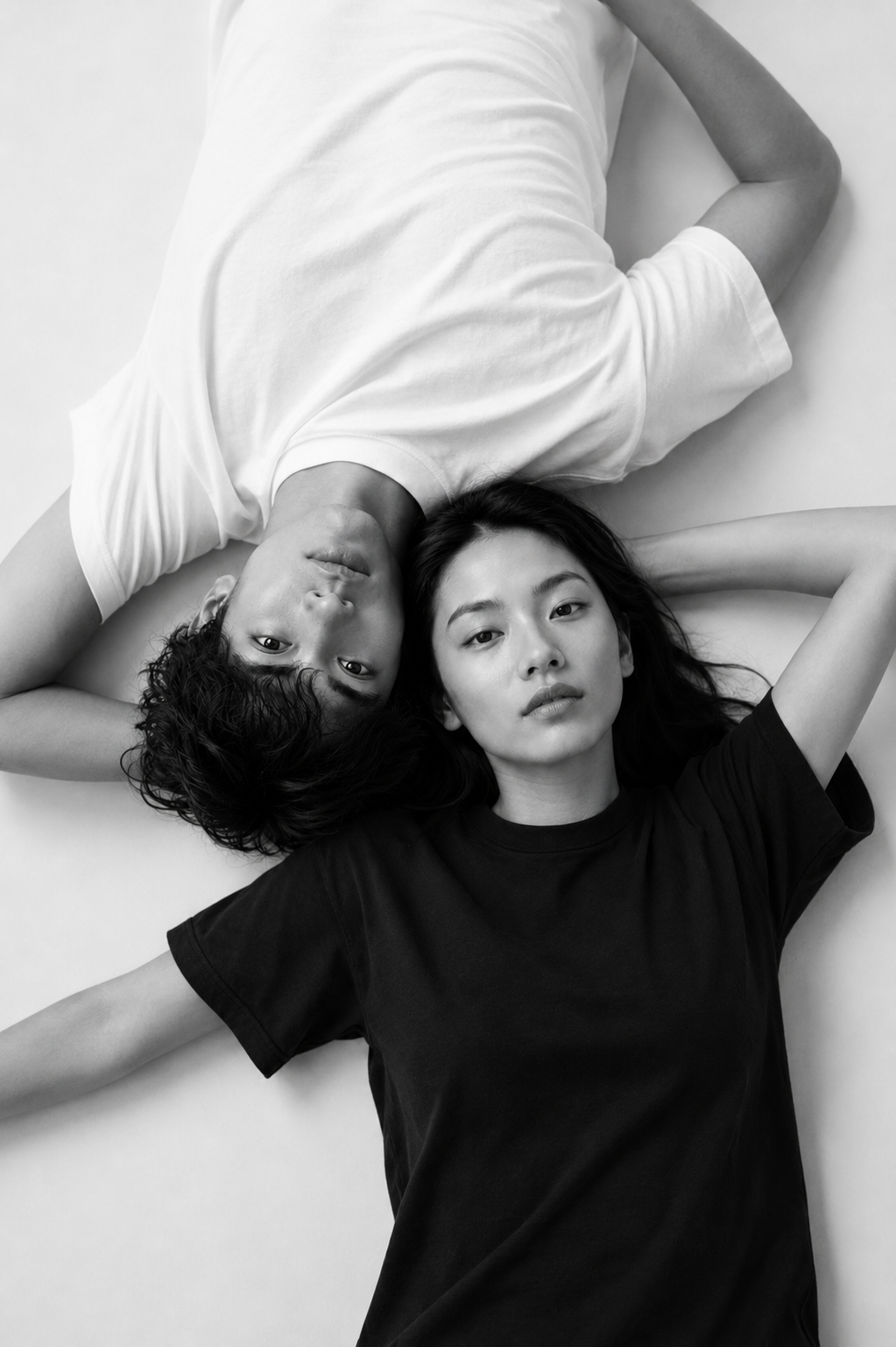 Two models wearing white and black JA-101 T-shirts