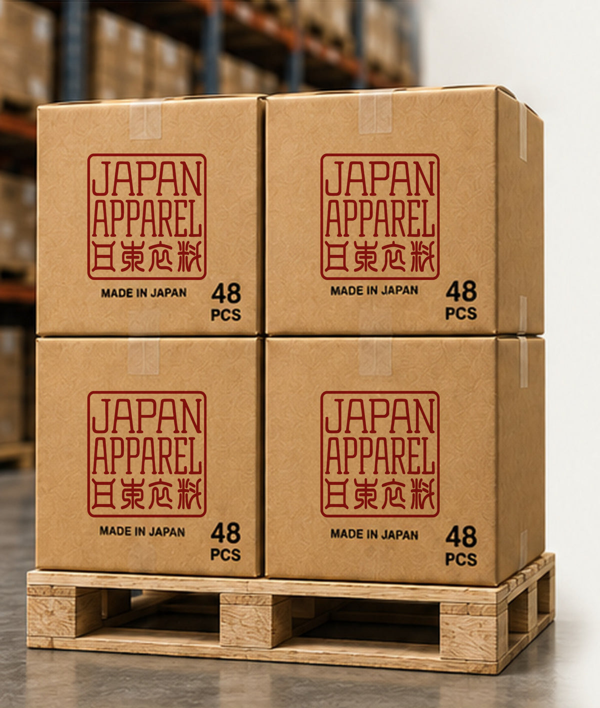 Pallet of JA-101 cases with the corrected Japan Apparel logo