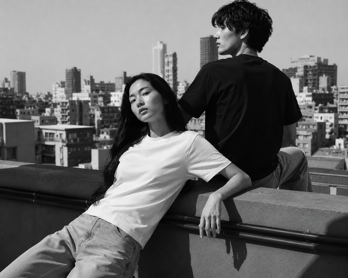 Models wearing the JA-101 on a Japanese rooftop